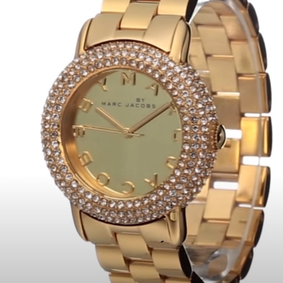UNIQUE MARC JACOBS MARCI GOLD TONE, CRYSTAL, STAINLESS STEEL LINK BRACELET WATCH - Picture 3 of 7